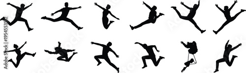 Black silhouette collection of people jumping and leaping in expressive energetic poses with extended arms and legs, motion freedom vector illustration design