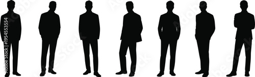 Black silhouette collection of men in suits standing in different professional poses, formal attire, business posture vector illustration design