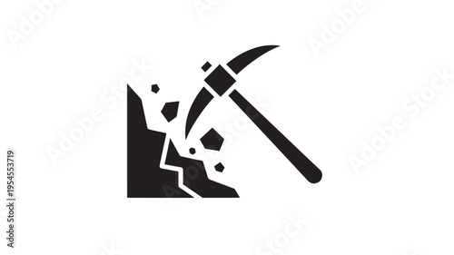 Pickaxe striking rock face, dislodging small stones in a graphic black and white icon symbolizing mining, excavation, and geology.
