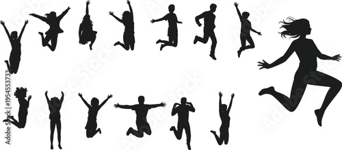 Black silhouette collection of people jumping in energetic poses with extended arms and legs, dynamic motion, freedom, enthusiasm vector illustration design