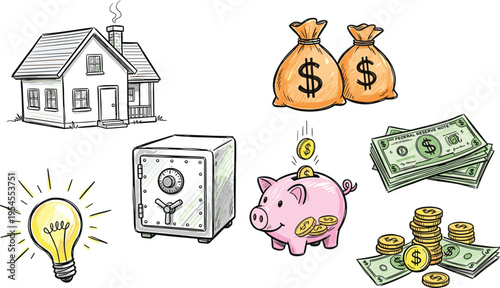 Financial investment and savings icon set with house money bags piggy bank safe lightbulb and cash doodles sketch