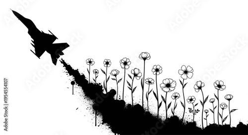Fighter Jet Silhouette Leaving Smoke Trail of Flowers Conceptual Illustration