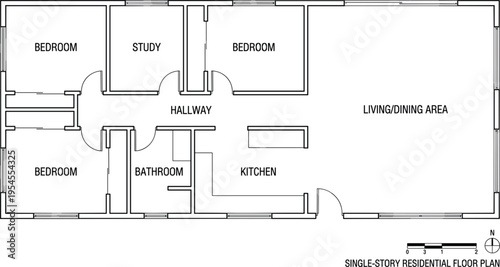Single story residential house floor plan with three bedrooms study large living dining area and kitchen layout
