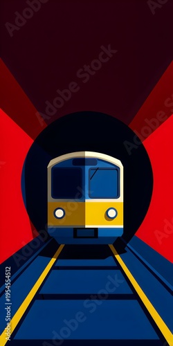 Modern Flat Design Train Emerging from Dark Tunnel with Bold Red and Blue Colors