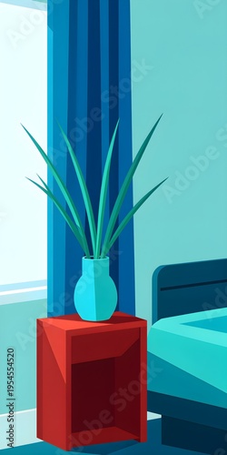 Minimalist Bedroom Interior with Houseplant on Red Nightstand, Flat Design Illustration