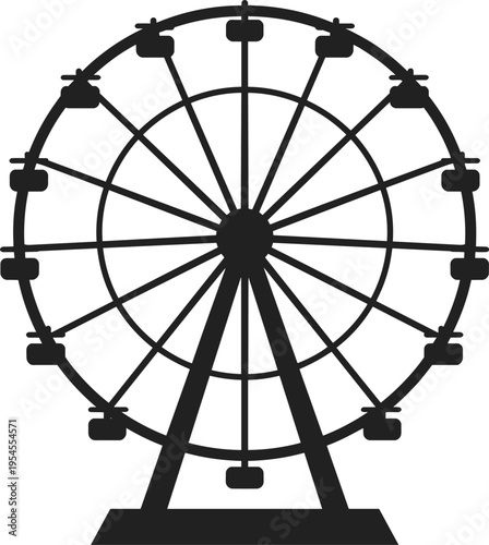 Black silhouette of Ferris wheel amusement ride with passenger cabins, circular frame, supporting beams, leisure entertainment vector illustration design