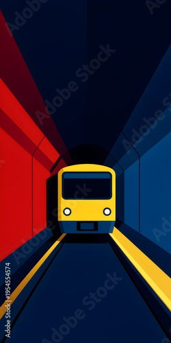 Minimalist Metro Train in Vibrant Red and Blue Geometric Tunnel