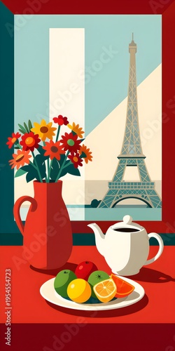 Parisian Still Life with Vibrant Flowers, Fresh Fruit, and Eiffel Tower View from a Window