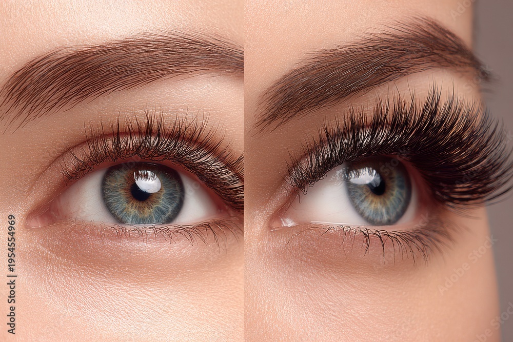 Fototapeta premium Split screen collage showing natural eyelashes before and after a voluminous mascara or lash extension application