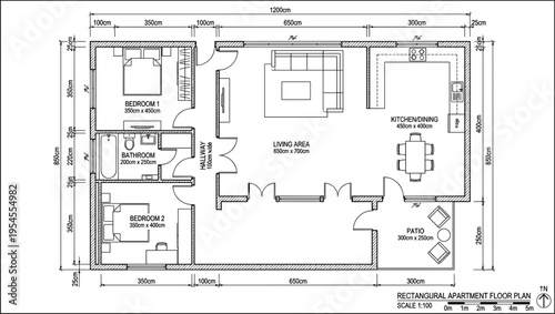 Technical two bedroom rectangular apartment floor plan with detailed room layout kitchen dining area and outdoor patio