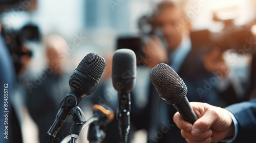 news reporter at a media event with microphones and cameras in natural light featuring blurred background public communication and press coverage concept