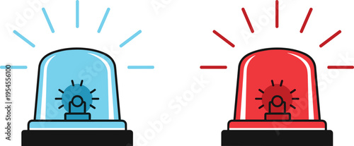 Emergency siren light icons set with blue and red warning beacons, flat vector alert symbols for police, security, notifications, system warnings, and safety interface design concepts