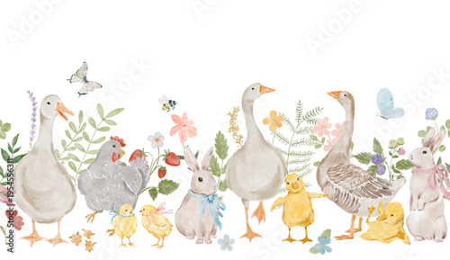 Photography Watercolor Easter whimsical seamless border with hand painted goose, rabbit, chickens, pink and red flowers