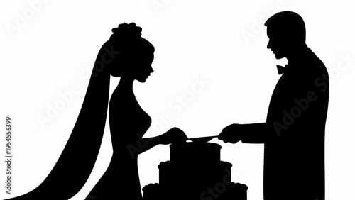 Black silhouette of bride and groom cutting wedding cake together on their special day