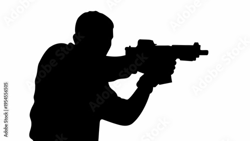 Black silhouette of a man aiming a rifle with both hands in a defensive stance
