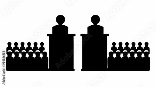 Black Silhouette Graphic of Two Speakers at Podiums with Audience on Both Sides in Modern Style