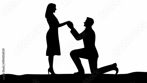 Romantic Proposal Silhouette of Man Kneeling and Holding Womans Hand in Black Color