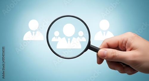 Magnifying glass examining people icons symbolizing investigation and scrutiny of individuals or profiles