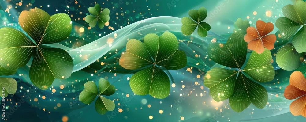 Fototapeta premium Floating shamrocks and clover leaves on a glowing green background evoking luck and celebration