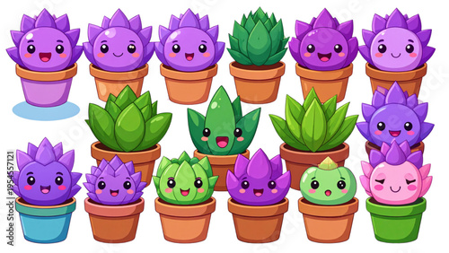 Purple Succulent Plant Emoji Character Set with Different Facial Expressions Like Happy Sad Angry and Sleeping Cartoon Pot Plant Vector