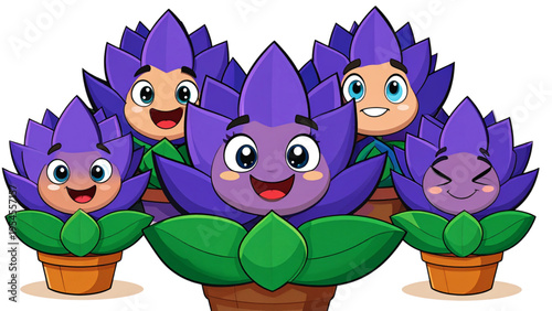 Purple Succulent Plant Emoji Character Set with Different Facial Expressions Like Happy Sad Angry and Sleeping Cartoon Pot Plant Vector
