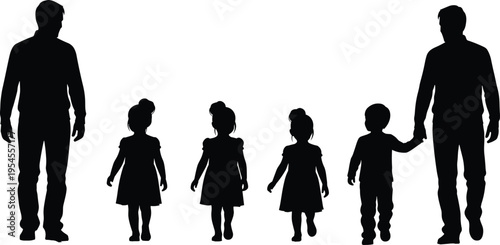Family silhouette illustration showing parents and children walking together, representing growth, protection, parenthood, childhood, and generational bonding concept