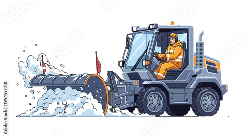 Winter Warrior: A diligent snowplow operator, at the helm of his heavy-duty vehicle, fearlessly tackles a snowy scene, clearing the path with unwavering determination.
