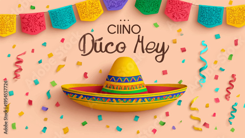 Cinco de Mayo party decoration vector, colorful banner and confetti with sombrero