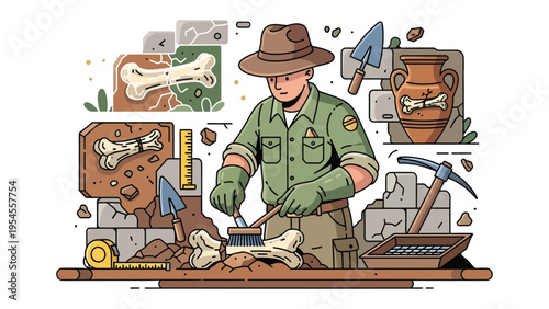 Unearthing the Past: A dedicated archaeologist meticulously uncovers ancient artifacts and fossils, revealing history through careful excavation and research.