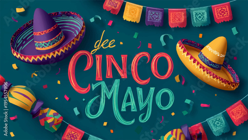 Cinco de Mayo banner vector with sombreros and confetti
