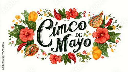Cinco de Mayo vector illustration with flowers and food elements