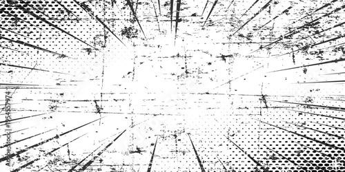 Halftone radial texture. Comic style grain background. Pop art faded textured frame. Grunge speckle effect. Dotted particles print wallpaper. Pixelated gradient backdrop. Eps 10