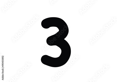 Bold Black Number Three Isolated on White Background.