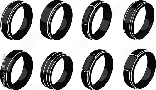 Collection of sleek black rings in various modern designs featuring subtle metallic accents ideal for fashion jewelry and accessory-related projects