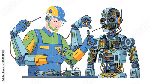 Robotics Maintenance & Repair: A skilled technician diligently repairs a futuristic robot, showcasing the convergence of human expertise and advanced technology.