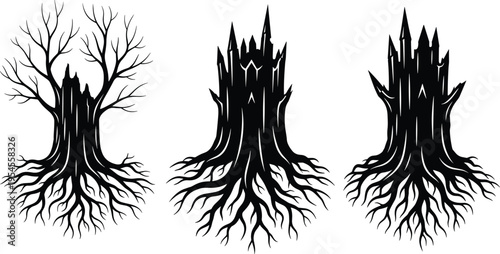 Fantasy castle tree silhouettes with roots and branches, dark mystical forest illustration set, gothic fairytale design isolated on white background