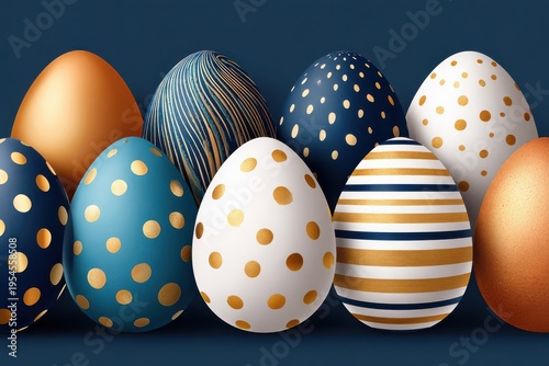 Decorative Easter eggs with gold and blue polka dots and stripes on dark background