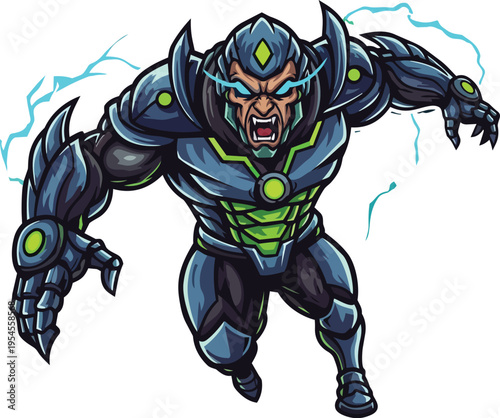 A muscular superhero wearing futuristic armor charges forward with glowing blue lines behind him.