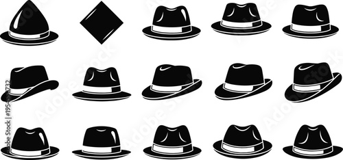 Black fedora hat icons with ribbon bands, classic vintage gentlemen headwear collection for fashion, apparel and graphic design.
