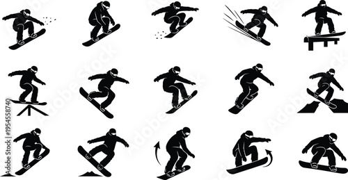 Black snowboarding silhouettes with various jump poses and action tricks, winter extreme sports icons for mountain resort graphic design.