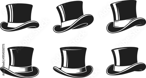 Classic vintage top hat silhouettes, elegant gentleman headwear icons, Victorian style fashion, magic show props, formal evening dress accessories, black isolated vector.