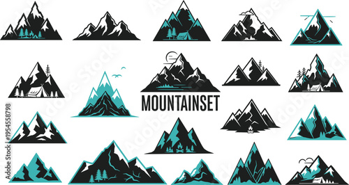 Mountain peaks silhouette collection, nature landscape icons, camping adventure travel elements, snowy hills, forest trees, campfire scenes, wilderness exploration, outdoor vector illustration.