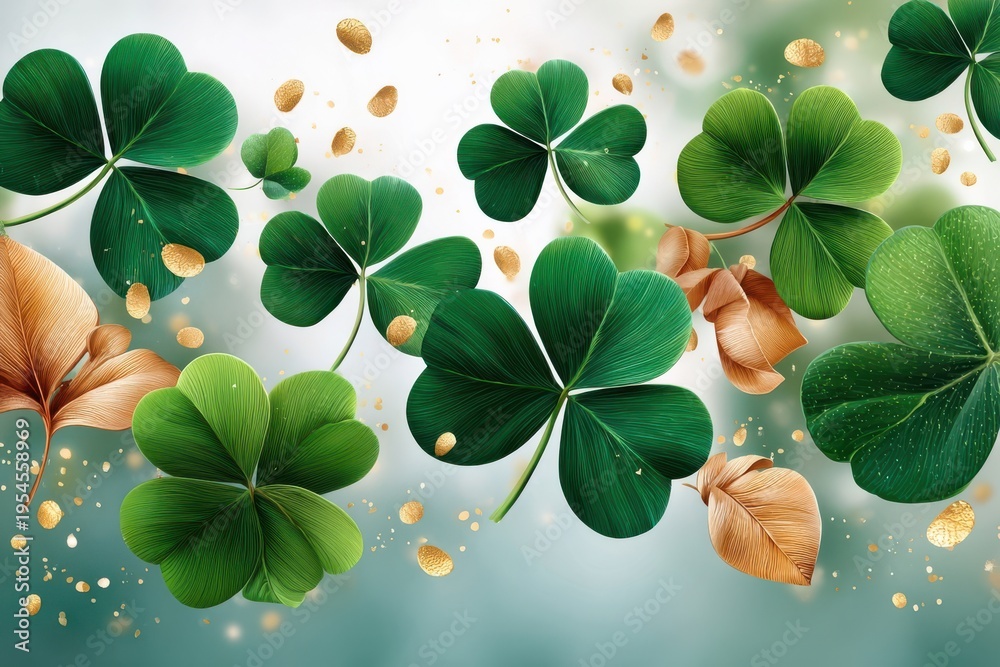 Fototapeta premium St. Patrick's Day background with green shamrocks, gold glitter and festive clover leaves