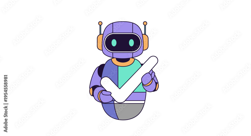 Fototapeta premium Robot with large checkmark – task completion, AI verification, success
