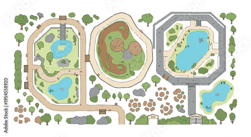 Zoo map vector illustration, wildlife park layout with animal enclosures and ponds, botanical garden landscape design with walking paths isolated PNG with Transparent Background