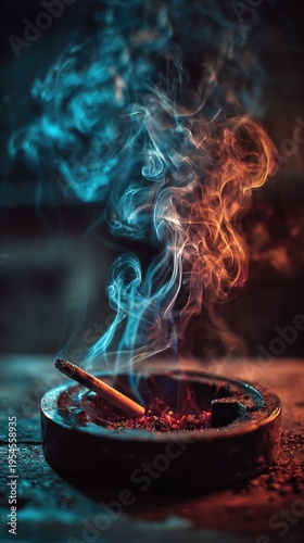 Vibrant blue and orange mystical smoke rising from glowing burning embers in a dark bowl