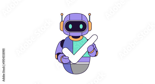Robot with large checkmark – task completion, AI verification, success