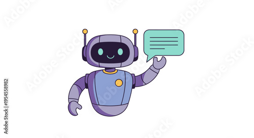 Cartoon robot with speech bubble – AI customer service, communication technology