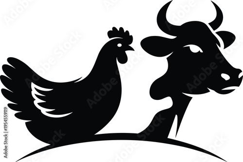 Farm animal silhouettes illustration featuring chicken and cow, agriculture livestock concept, rural farming logo design, minimalist black and white vector isolated background