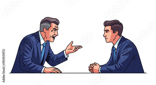 Cartoon illustration of two businessmen in blue suits discussing with a white background